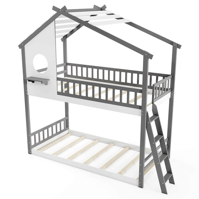 Costway Lit Superposé Style Maisonnette Simple sur Simple avec Échelle de Toit et Garde-Corps Pleine Longueur pour Enfants