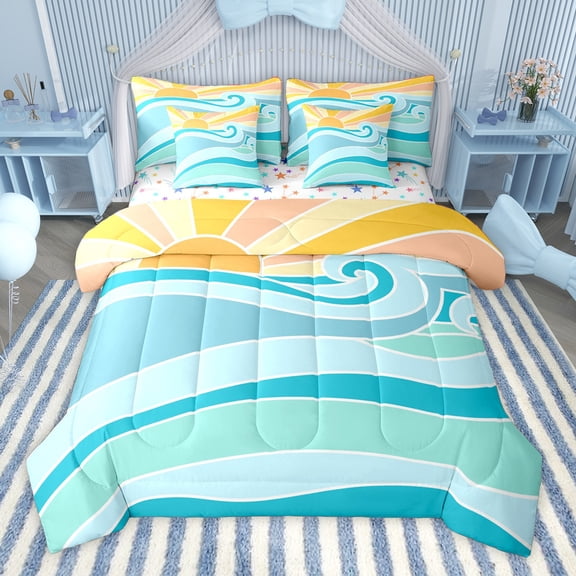 Homewish Modern Abstract Geometric 7-Piece Twin Bedding Sets,Waves Striped Lines Bedding Comforter Set,Blue Stripes Sheet Sets For Adults,Breathable Home Decor Reversible