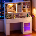thumbnail image 3 of Zimtown Vanity Desk with Mirror & LED Lights, Glass Top Makeup Vanity Table with Charging Station & Side Rack, White, 3 of 10