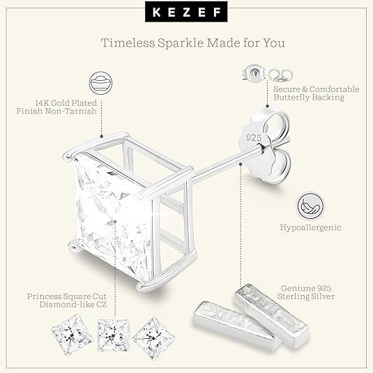 Kezef 7mm Square CZ Stud Earrings, Rhodium-Plated 925 Sterling Silver, Cubic Zirconia Earring Studs, Hypoallergenic for Women