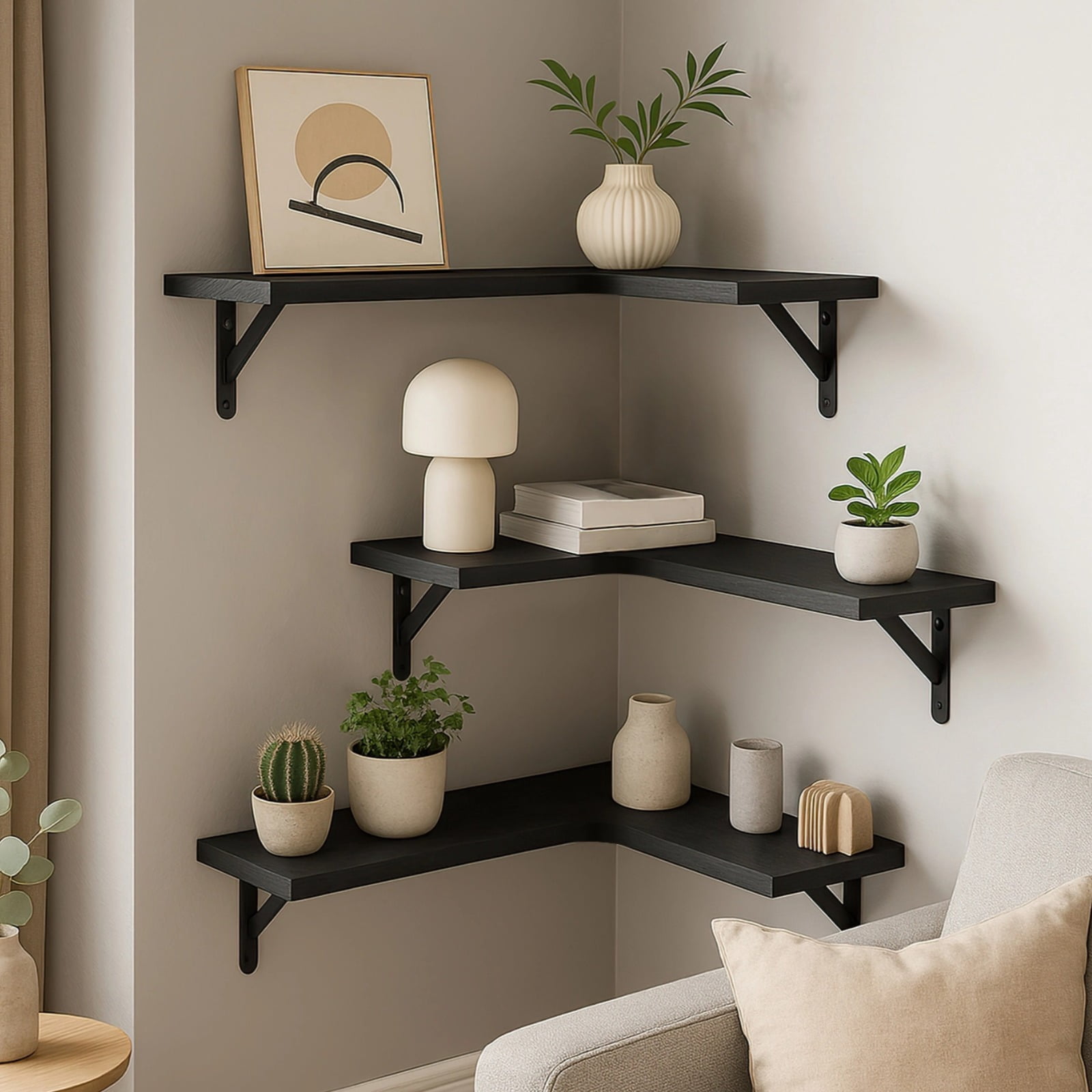 3 Pcs Corner Floating Shelves for Wall, Black L-Shaped Rustic Wood Storage, Space Saving Wall Mounted Display for Living Room Bedroom Kitchen, Paulownia Decor Set