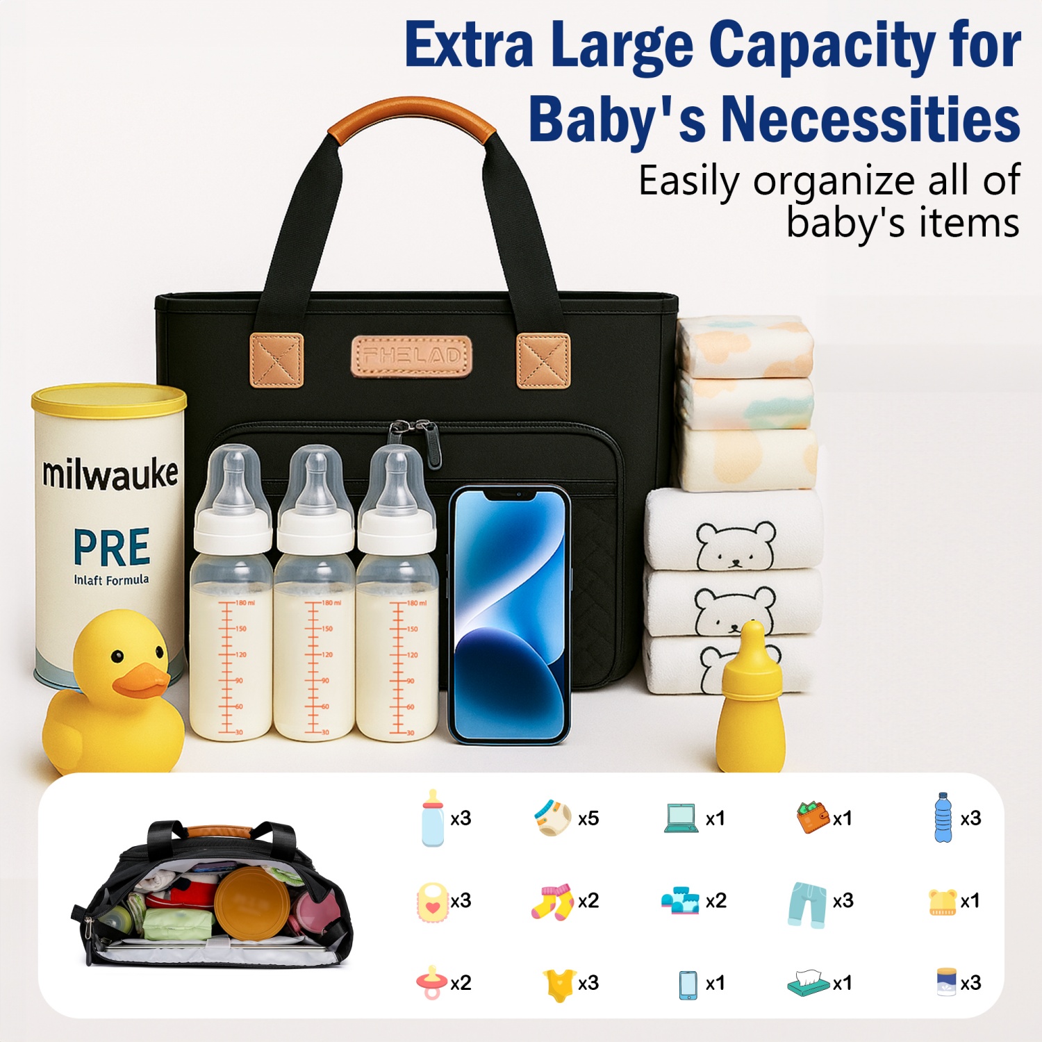 DEFAHN Diaper Bag,Baby Bag with 15 Pockets , Large Capacity Diaper Bag Tote,Waterproof Baby Diaper Bag for Mom and Dad, Multifunction Travel Tote Diaper Bags (Black)
