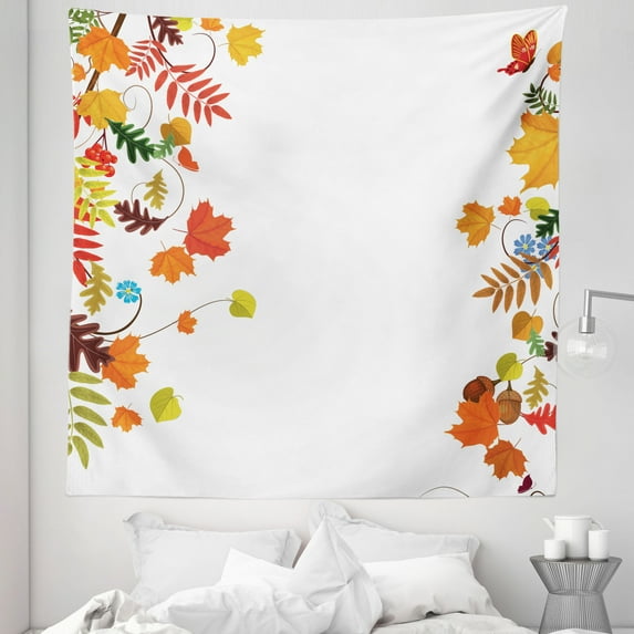 Harvest Tapestry, Colorful Seasonal Maple Aspen Leaves Frame Fall Foliage Environment Nuts Butterfly, Fabric Wall Hanging Decor for Bedroom Living Room Dorm, 5 Sizes, Multicolor, by Ambesonne