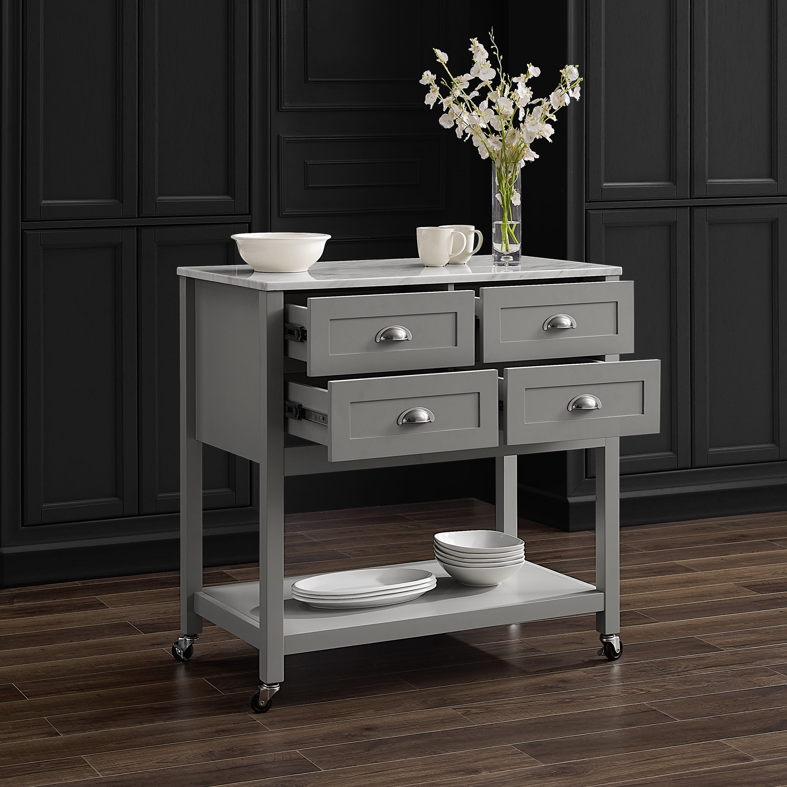 Crosley Furniture Connell Rolling Kitchen Island Cart, Microwave Stand, Coffee Bar with Storage Drawers