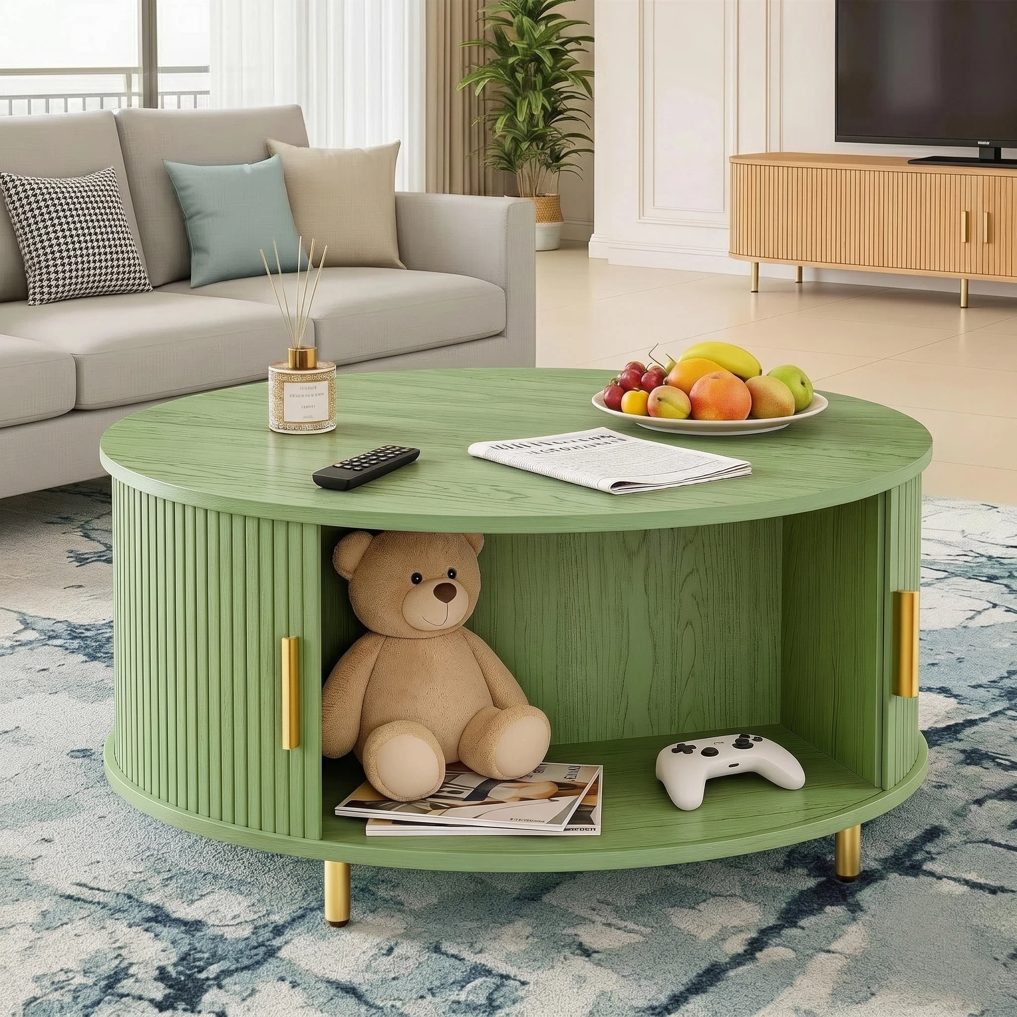 AISWORD Round Coffee Table with 360° Sliding Door, Fluted Accent Coffee Table with Storage Adjustable Footpads for Living Room, Green