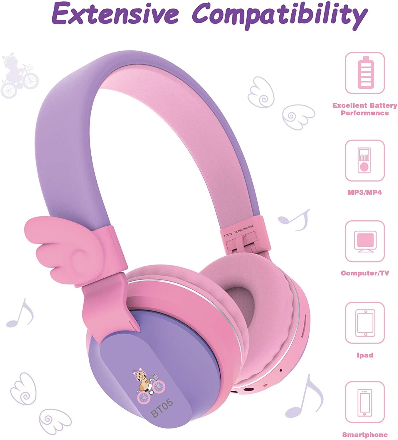 Riwbox BT05 Bluetooth Kids Headphones Wireless Foldable Headset Over Ear with Volume Limited and Mic/TF Card Compatible for iPad/iPhone/Tablet(Purple&Pink)