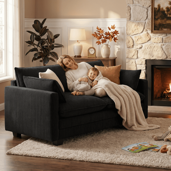 70” Small Cloud Loveseat Couches for Living Room, 2 Seater Love Seat Sofa with Comfy Deep Seat, Small Washable Couches with Removable Corduroy Cover for Apartment, Black