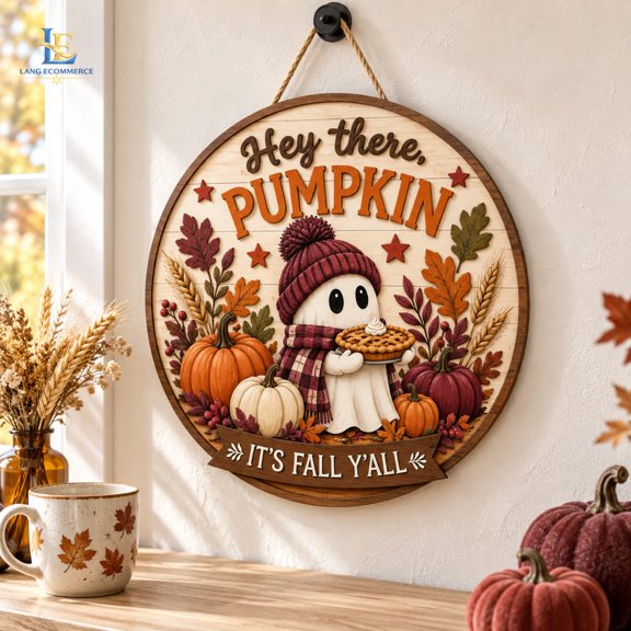 Door Hanger Hey There Pumpkin Ghost Fall Theme Wooden Front Door Decor for Halloween Autumn