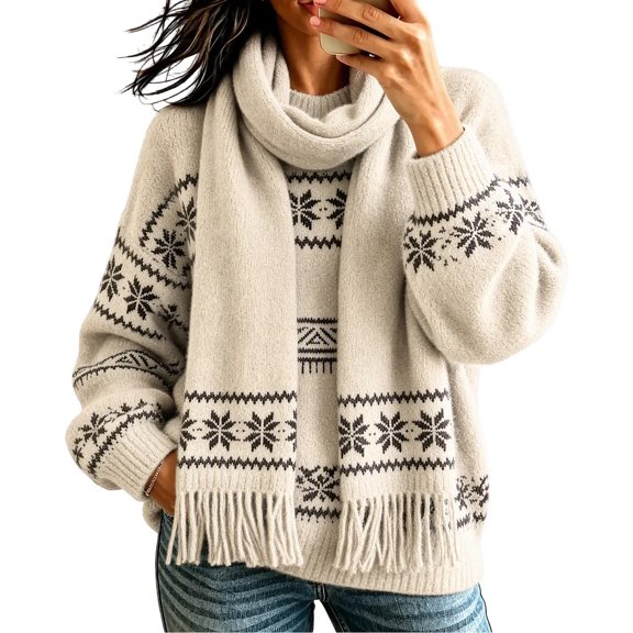 LUVDA Fair Isle Knit Scarf for Women Fringe Warm for Fall Winter