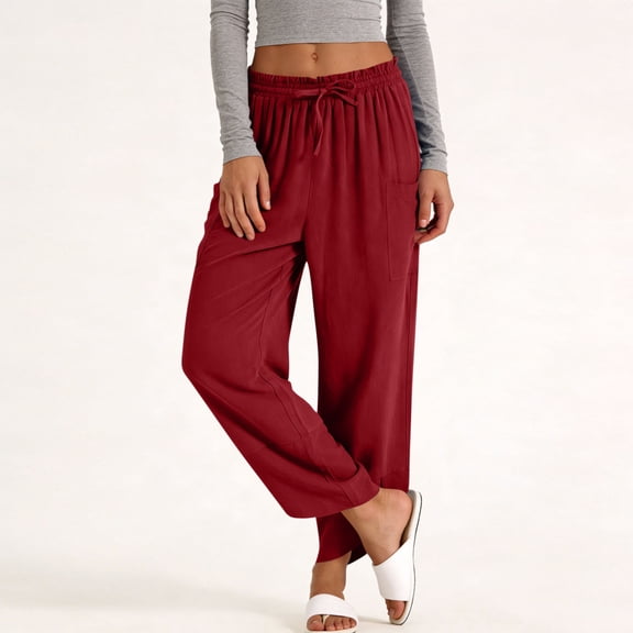 MOJOGO Lightweight Capris for Women Casual Drawstring Side Slit Pants Comfortable Spring Summer Pants for Everyday Wear Wine XL