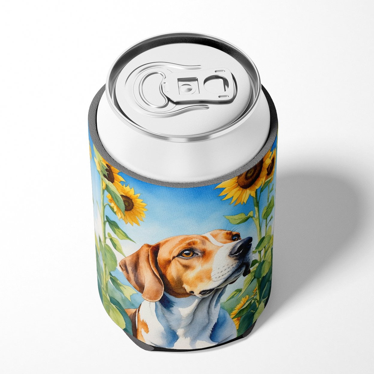 English Foxhound in Sunflowers Can or Bottle Hugger 3 in x 5 in
