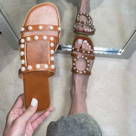 

Hvyesh Flat Sandals for Women Casual Summer Summer New Fashion Solid Color Pearl Decoration Slippers Flat Sandals Size 7.5