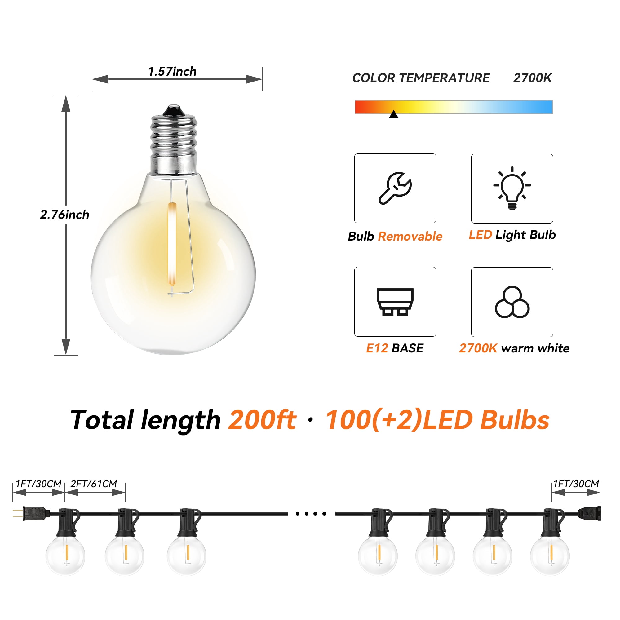 DAYBETTER 200ft Outdoor String Lights, G40 with 100 Edison Vintage Bulbs, Waterproof Hanging Lights for Backyard