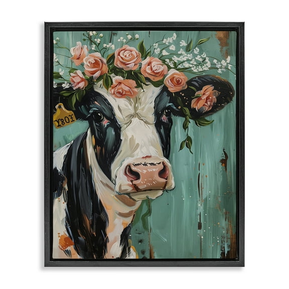 Stupell Industries Floral Cow on teal Animals Painting Black Floater Framed Canvas Art Print Wall Art, 17 x 21