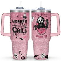 40oz Halloween Ghostface Stainless Steel Tumbler with Lid and Straw,Horror Spooky Spill Proof Travel Cup Double Wall Vacuum Insulated Coffee Mug with Handle Pink