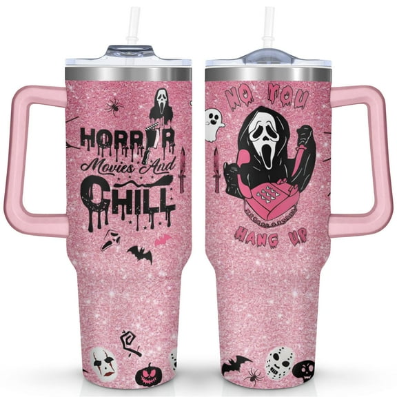 40oz Halloween Ghostface Stainless Steel Tumbler with Lid and Straw,Horror Spooky Spill Proof Travel Cup Double Wall Vacuum Insulated Coffee Mug with Handle Pink