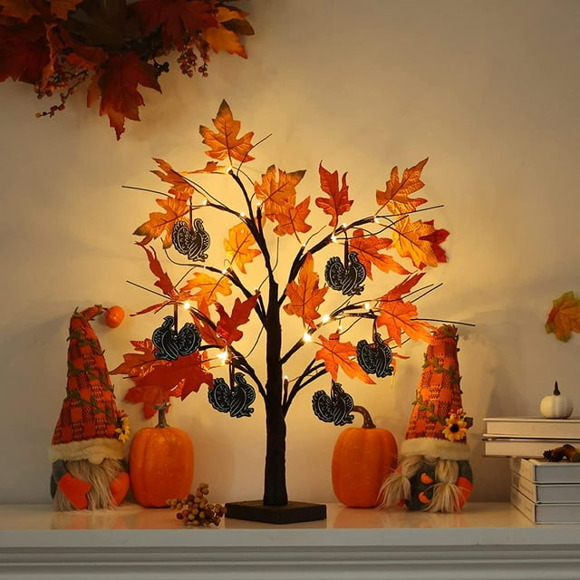 Fall Decorations for Home 24IN 24LT Lighted Fall Maple Leaves Tree Fall Decor 2FT Autumn Brown Twig Holiday Light Up 6 Wood Turk
