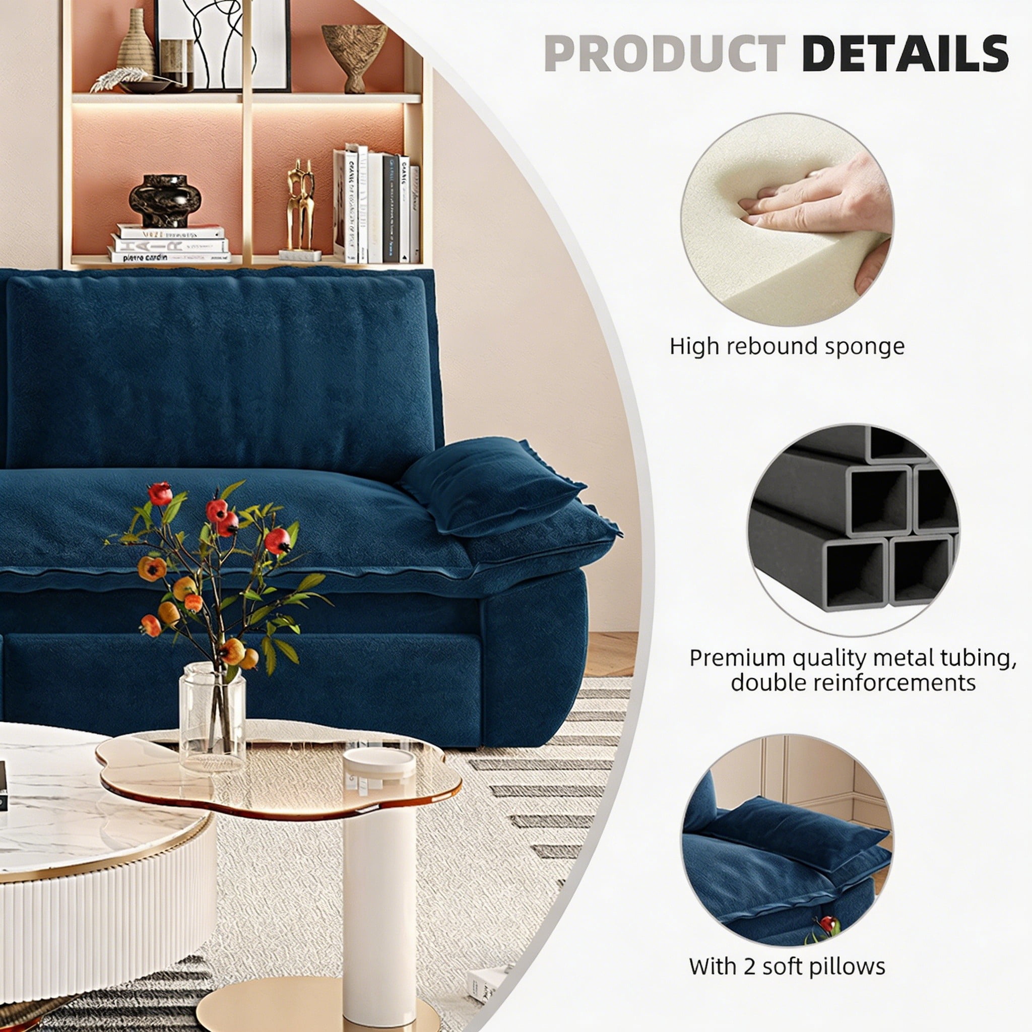 Multi-Functional Velvet 3-in-1 Convertible Sofa Bed, Queen Size Sleeper Loveseat with 2 Pillows, Dark Blue