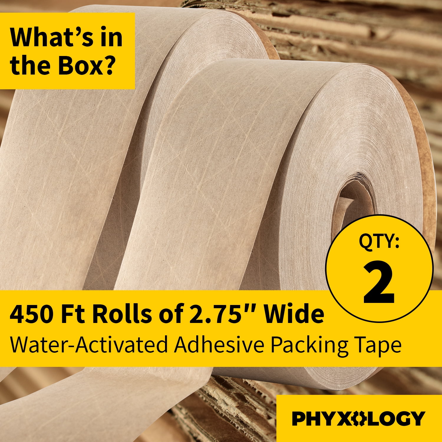 Nova Pro Supply Gum Packing Tape 2.75" Roll of Water Activated, Brown Kraft Paper, 2 Pack
