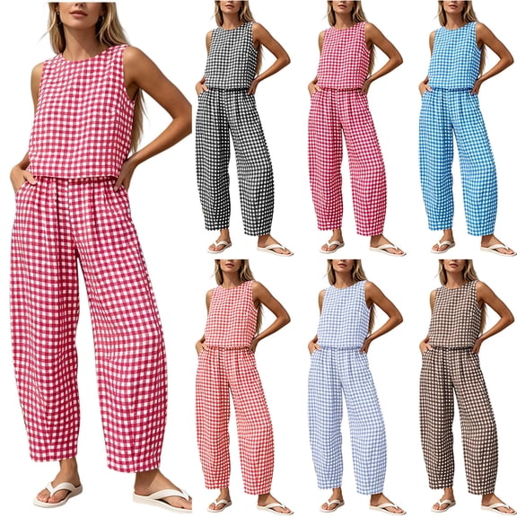 VBVC Women's Gingham 2 Piece Sleeveless Outfit Set,Ladies' Crop Tank Top and Wide Leg Pants,High Waist Summer Loungewear For Women,Black,S-2XL