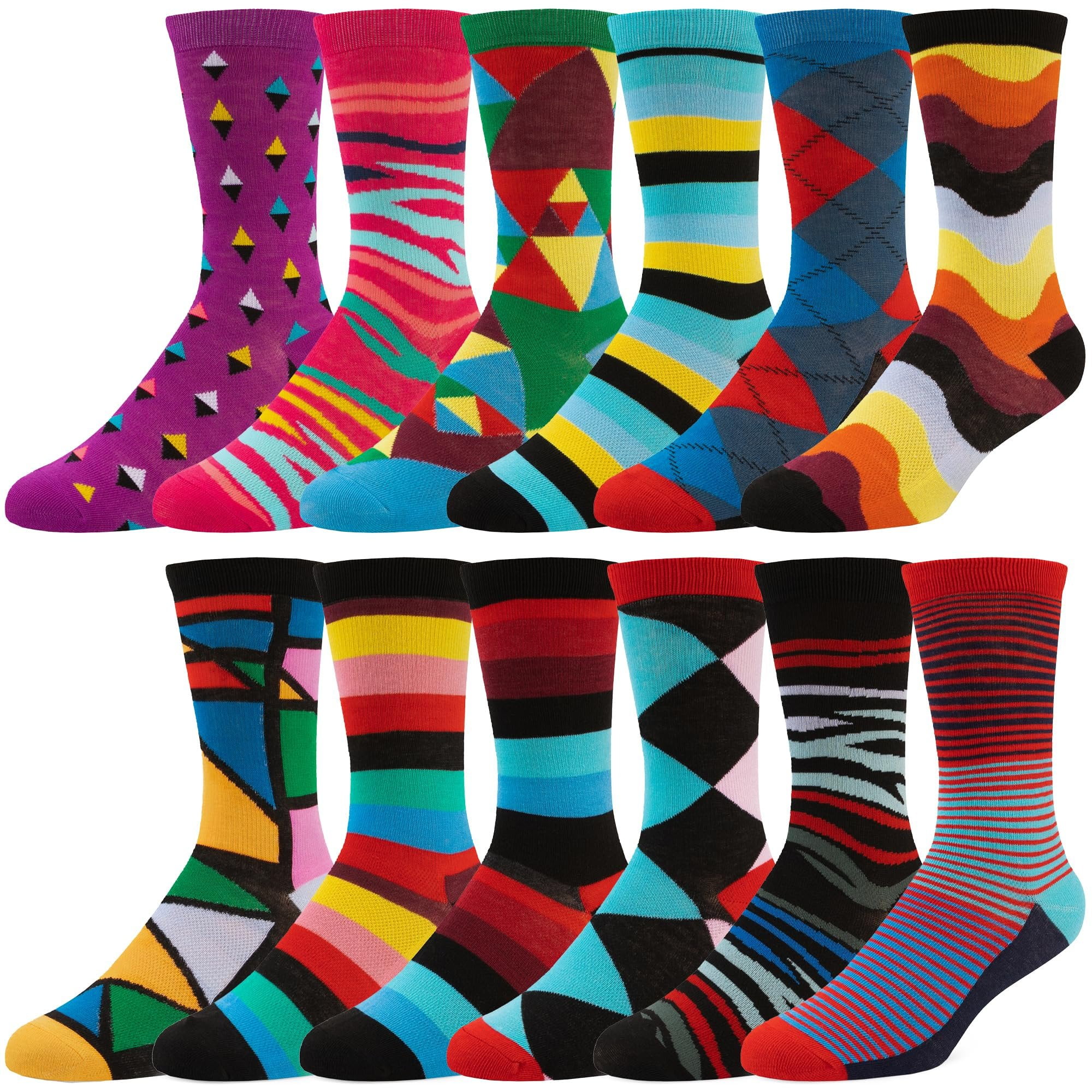 ZEKE Men's Pattern Dress Funky Fun Colorful Crew Socks 12 Assorted