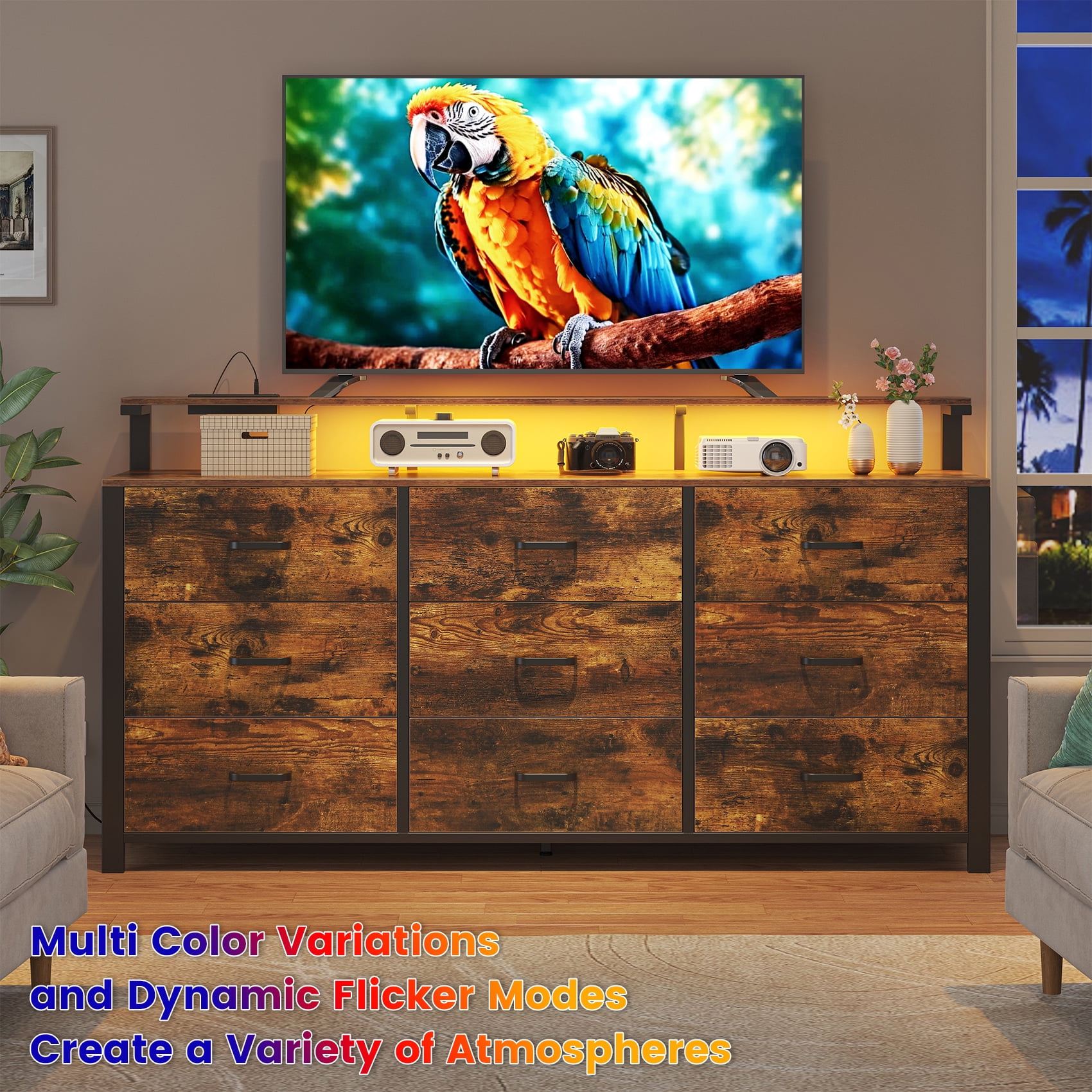 Winkalon 9 Drawer Dresser with LED Light & Charging Station, 63" Long Modern Dresser with 9 Drawers for Bedroom, Wooden Dresser Large Closet of Drawers