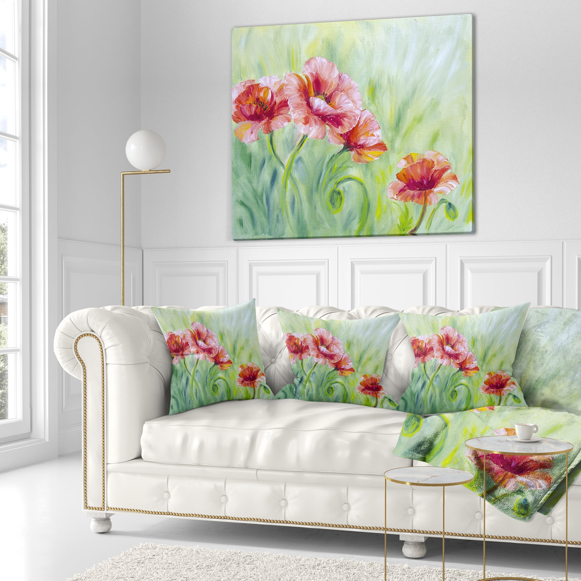 Designart Pale Red Poppies - Floral Throw Pillow - 16x16