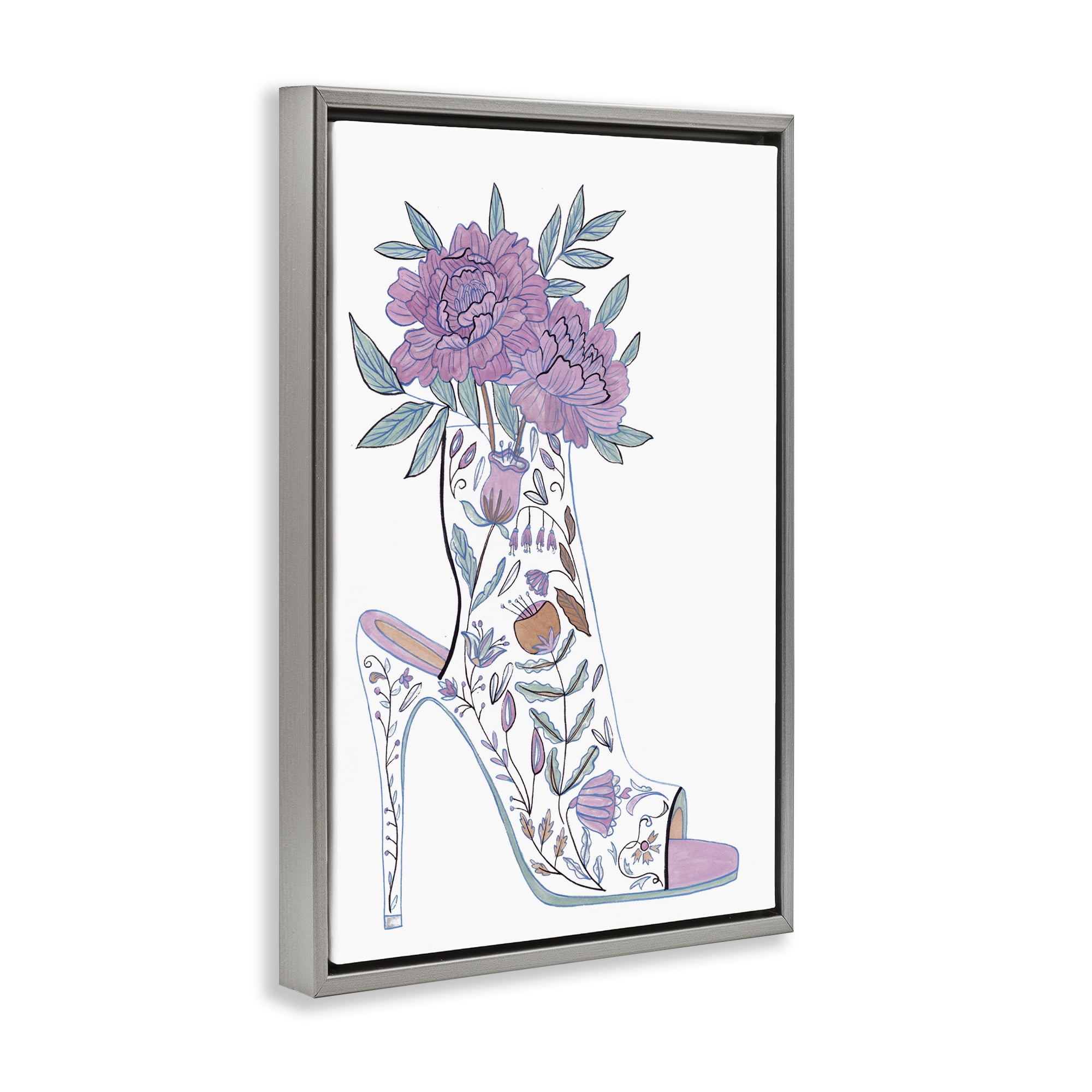 Stupell Industries Shoe with Bouquet Botanical & Floral Painting Gray Floater Framed Art Print Wall Art, 21 x 31