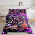 thumbnail image 3 of Racing Motorcycle Twin Comforter Set ,Purple Neon Lights Honeycomb Bedding Set Dirt Bike Motocross Quilt Moto Extreme Sports Duvet Insert,Black White Lattice Buffalo Plaid Decor, 3 of 7