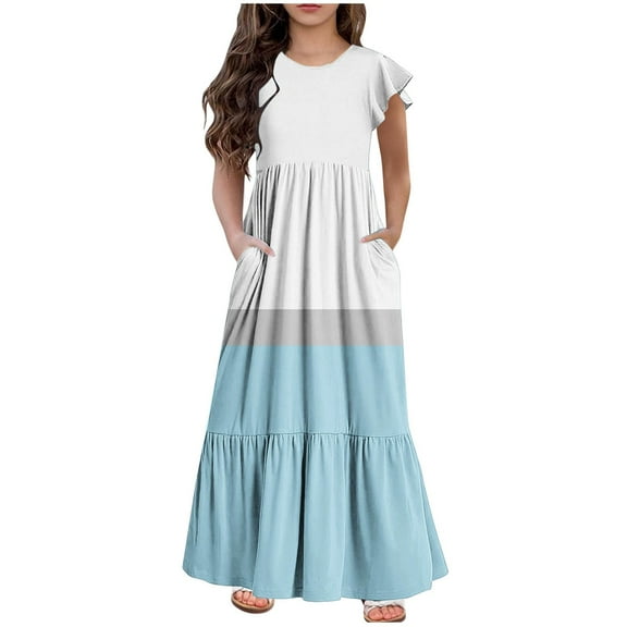 Nxznwn Girl's Summer Dresses Cotton Ruffle Sleeve Tiered Swing A-Line Long Dress Cute Maxi Casual Sundress with Pockets