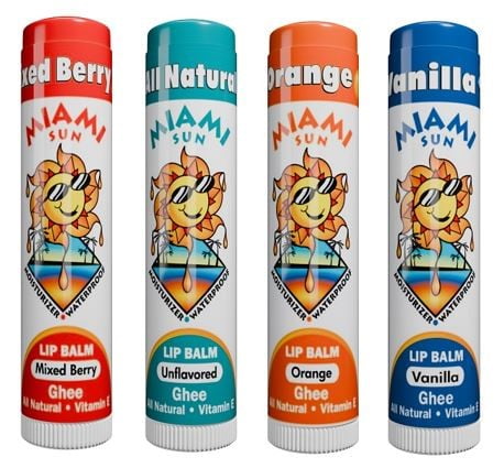 Miami Sun Natural Lip Balm Variety Pack – Mixed Berry, Unflavored, Orange & Vanilla Bean – Moisturizing & Hydrating Lip Care with Ghee (20 pcs)