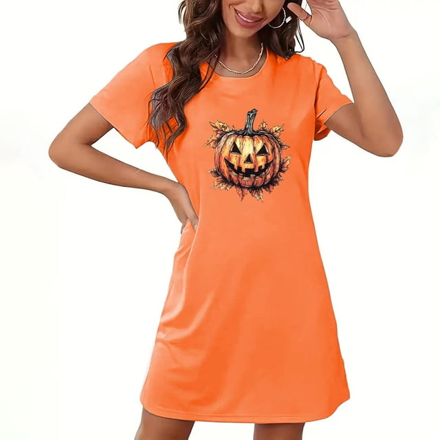 Pyjama d'Halloween pour Femmes, Grande Taille, Chemise de Nuit Courte avec Imprimé Poitrine et Col Rond, Vêtements de Nuit Confortables pour Tenue Décontractée