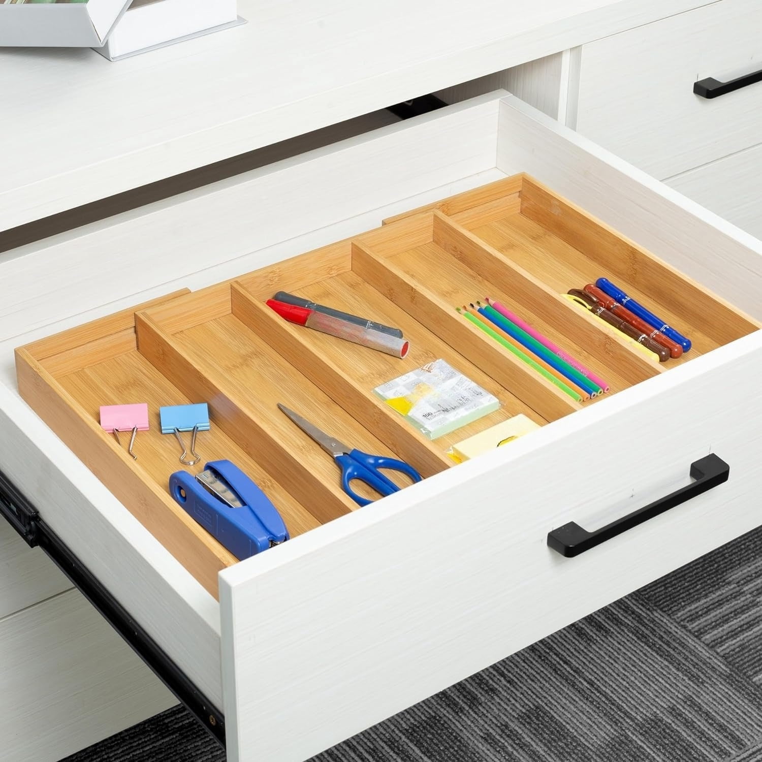 Bamboo Expandable Kitchen Drawer Organizer, Adjustable Utensil Holder and Cutlery Tray Organiser, Drawer Divider for Silverware, Flatware, Knives in Kitchen, Bedroom, Living Room, 5 Slot