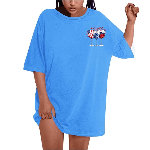 Fiudx Ofertas de La Semana Camiseta de Manga Corta con Cuello Redondo y Estampado Informal En La Parte Delantera y Trasera Del Día de La Independencia para Mujer