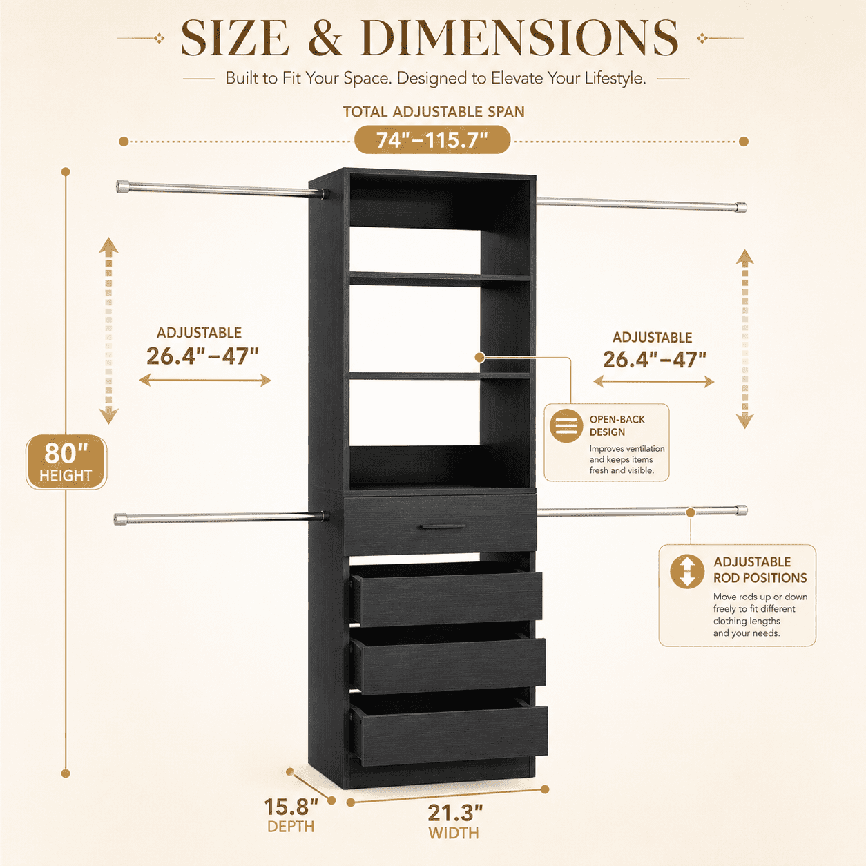 Homieasy 4-9 Ft Adjustable Wooden Closet Organizer System with 4 Drawers, 4 Hanging Rods & Shelving Towers - Heavy Duty Walk-in Wardrobe Rack, Space-Saving Design, Easy Assembly,Black