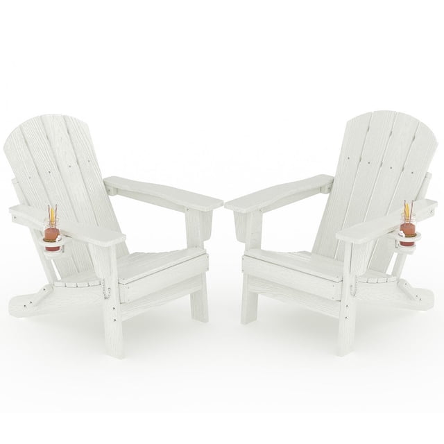 Chaises Adirondack Pliantes en HDPE Toutes Saisons, Ensemble de 2 – Porte-Gobelet, Pliables, Résistantes aux Intempéries, Texture Grain de Bois Embossée, Mobilier de Patio Extérieur pour Jardin, Terrasse, Foyer – Blanc, Lot de 2