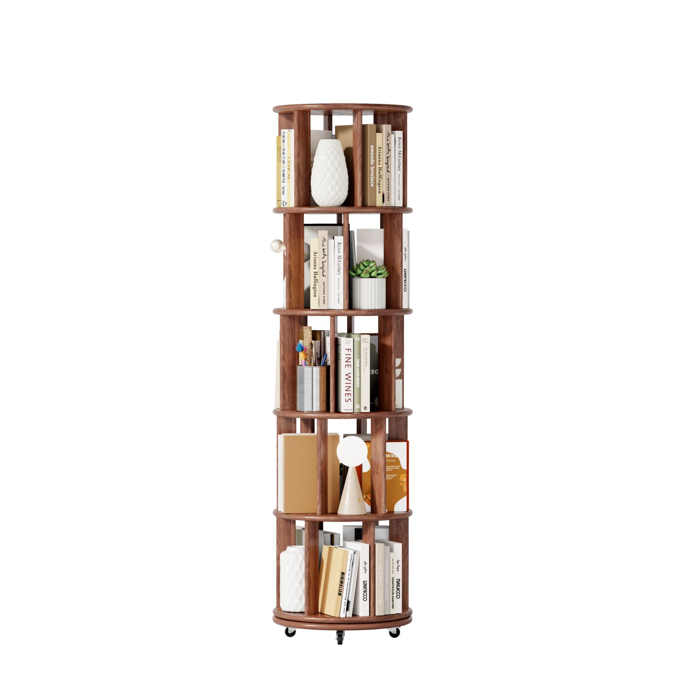 Noble House Saxon 66" 5-Tier Rotating Bookshelf Tower, Solid Rubberwood, 360° Bookcase on Locking Wheels, Walnut