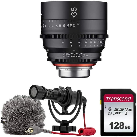 XEEN by ROKINON 35mm T1.5 Professional Cine Lens for Sony FE Mount   Rode VideoMicro Compact On-Camera Microphone with Shock Mount and Furry Windshield   128GB High Speed Memory Card
