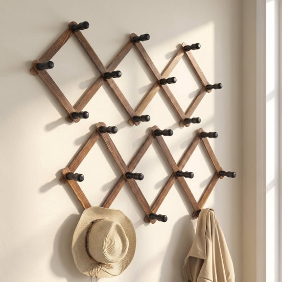 DEDRFUC Wooden Accordion Wall Hanger, 2 Pack with 20 Peg Hooks, Expandable Pine Wood Rack for Coats, Hats, Mugs and Keys, Rustic Brown