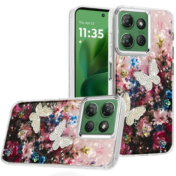 For Motorola Moto G Power 5G 2025 Epoxy Glitter Butterfly Ornaments Design HQ Metal Buttons Hybrid - 8