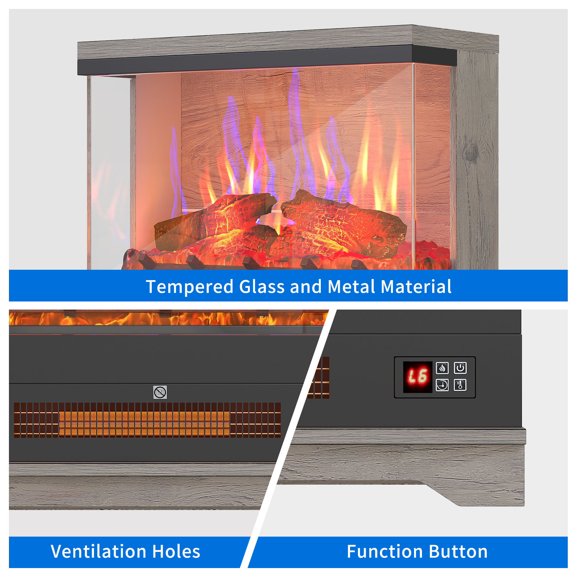 Uforic 25 inch Electric Fireplace Insert, Freestanding Fireplace with Remote Control, 7 Color Flames, 5000 BTU, Gray & Black