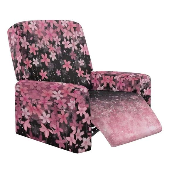 Psesaysky Pink Cherry Blossom Print Chair Cover for Recliner Home Decor 4-Pieces Washable Slipcover Set Non Slip Reclining with Storage Pockets Furniture Protector for Living Room
