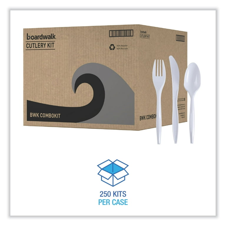 Three-Piece Cutlery Kit, Fork/Knife/Teaspoon, Polypropylene, White, 250/Carton Three-Piece Cutlery Kit, Fork/Knife/Teaspoon, Polypropylene, White, 250/Carton