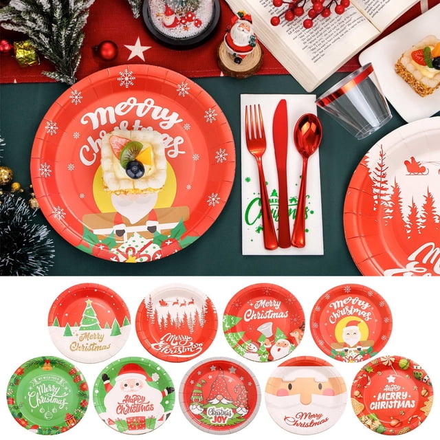 MTBLYS Christmas Party Disposable Plates 9 Inch Santa Claus Design 16-Piece Set Paper Dinner Plates Holiday Tableware Supplies