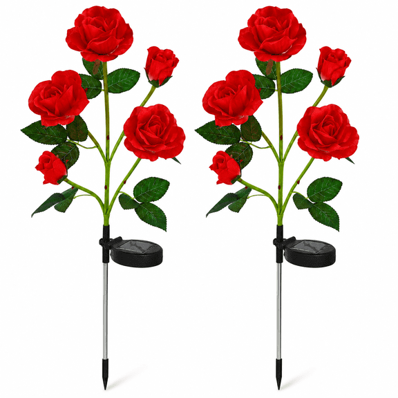 Rirool 2 Pack Red Solar Rose Flower Stake Lights, 10 LED Artificial Roses, Waterproof Dusk to Dawn Outdoor Garden Decor for Yard Patio Walkway Anniversary Valentine's Day Landscape