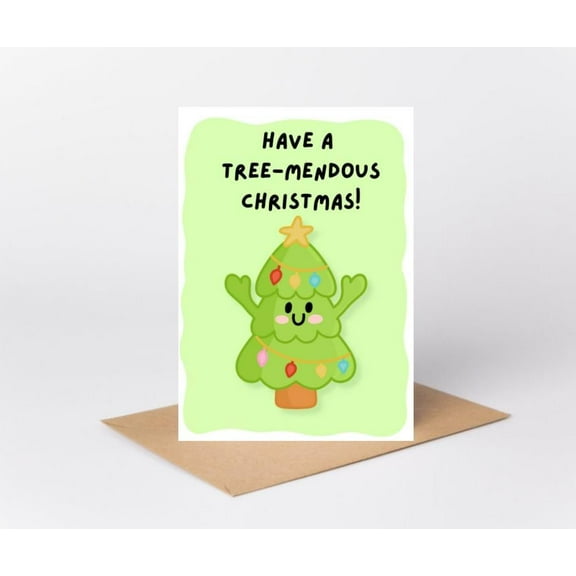 Cute Christmas Card - "Have a Tree-mendous Christmas!" - Fun Holiday Greeting Card with Adorable Christmas Tree Design - Envelope Included - Perfect for Family and Friends