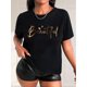 thumbnail image 1 of Camiseta informal de moda con estampado creativo de letras doradas y corazón para mujer negra, cuello redondo y manga corta, ideal para deportes de ocio., 1 of 7