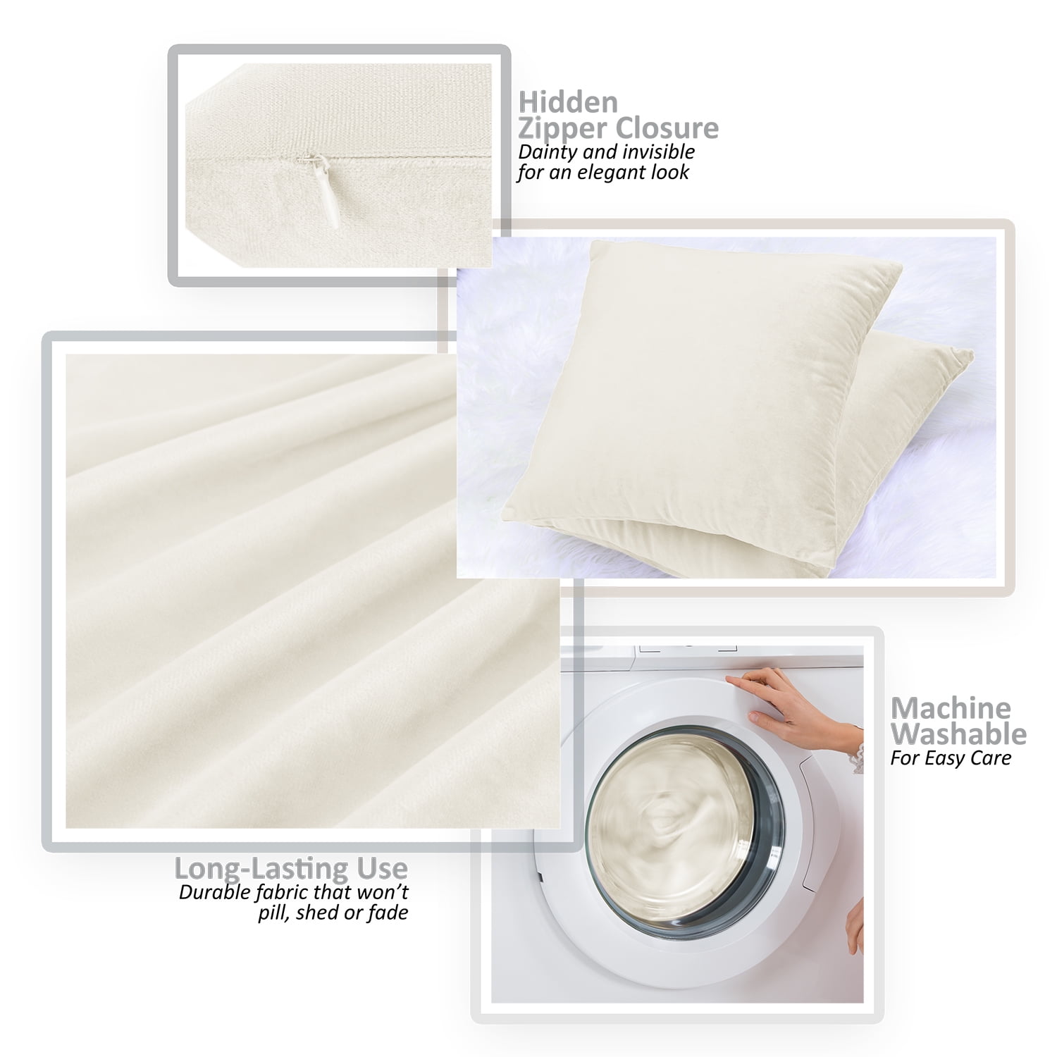 Nestl Velvet Throw Pillow Covers Solid Square Soft Decorative Pillow Cover for Sofa, 18" x 18", Off White, Pack of 4