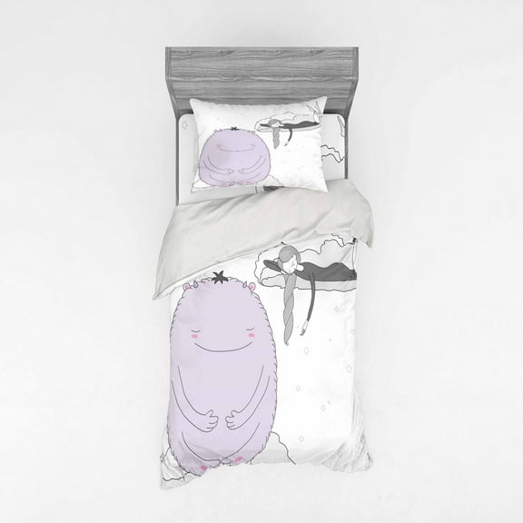 Cartoon Duvet Cover Set, Doodle Imaginary Creature Sleeping Girl Clouds Stars Illustration, Bedding Set with Shams and Fitted Sheet, 3 Sizes, by Ambesonne