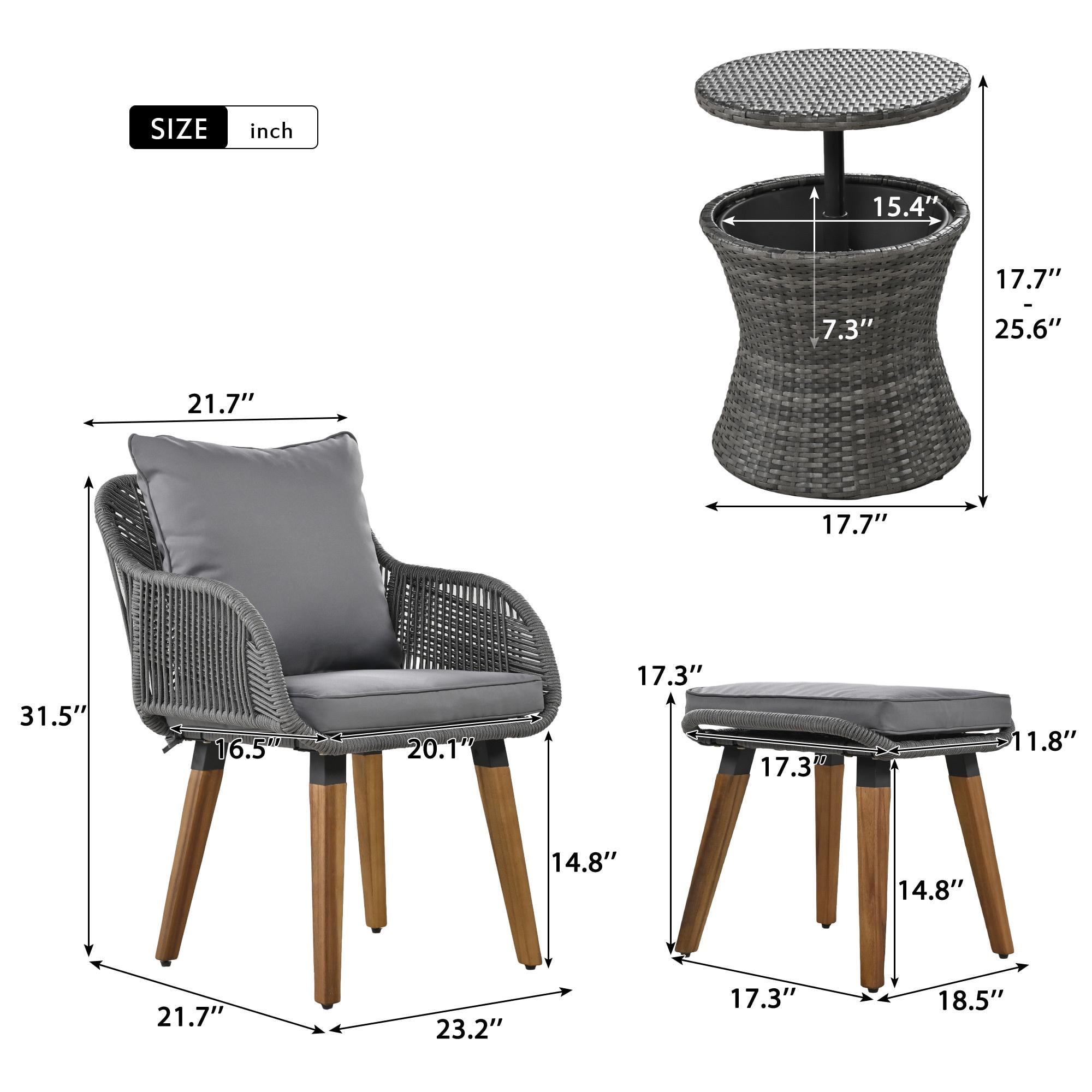 5 Piece Wicker Patio Furniture Set, Rattan Patio Chair Set with Ottoman and Wicker Cool Bar Table, Outdoor Furniture Set with Gray Seat Cushion for Garden, Backyard, Porch, Balcony, Poolside